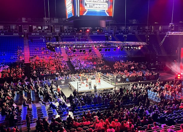 An indoor arena is filled with people watching a wrestling match. The ring is centrally located, and surrounded by audience members sitting in tiered seating. The arena is illuminated with red and blue lights, and a large overhead screen displays 'Sunday Stunner.' Spectators are engrossed in the match taking place in the well-lit ring.