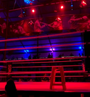 An empty boxing ring is illuminated by dramatic red and blue spotlights inside a dimly-lit arena. A small stool is placed in the center of the ring, surrounded by ropes. The arena is adorned with banners depicting action scenes, and a few silhouettes of spectators can be seen in the background.